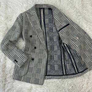 極美品【極上の高級感】TETE HOMME ダブル テーラードジャケット 千鳥格子 編み込み テットオム ニット Mサイズ ハウンドトゥース ホワイト