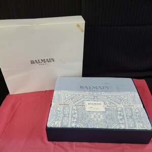 ★未使用保管品 BALMAIN シルク混綿毛布 140cm×200cm シングルサイズ 綿毛布 ブルー系 寝具 箱入り 141-69