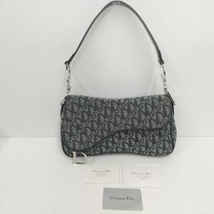 1832【美品】Christian Dior サドルバッグ ショルダーバッグ トロッター キャンバス ジャガード ネイビー シルバー金具 肩掛け