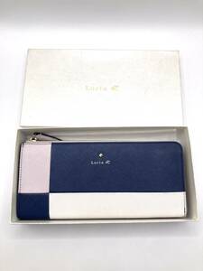 【LT6631】Luria 4℃ 長財布 ネイビー×ホワイト×ピンク系 箱付き L字ファスナー ルリアヨンドシー