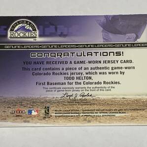 TODD HELTON 2002 FLEER GENUINE LEADERS GAME WORN JERSEY RELIC ROCKIESの画像2