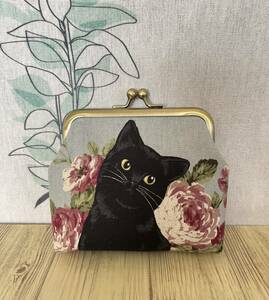 がま口 / ポーチ / 財布 / 小物入れ / ハンドメイド☆黒猫＆薔薇・ブルーグレー6