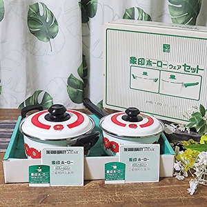 ZOJIRUSHI 象印 ホーロー鍋 2点セット 廃盤品 昭和レトロ 両手鍋 片手鍋 デッドストック 花柄 調理器具 アンティーク 当時物 新古品 未使用