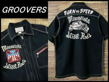 送無 G① 美品 日本製 GROOVERS グルーバーズ チェーンステッチ装飾 BORN TO SPEED HOT ROD ジップ 半袖 ワーク シャツ オイル ガレージ M_画像1