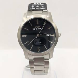 【16786】TECHNOS テクノス TITANIUM チタン T9B60 クォーツ メンズ腕時計 稼働品 ステンレス 箱有り シルバー色 黒文字盤 美品 未使用品