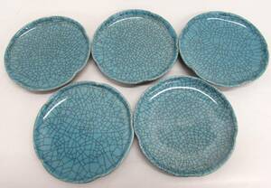 良品 橘吉 たち吉 TACHIKICHI 銘々皿 取り皿 中皿 和皿 和食器 メロン皿 デザート皿 ケーキ皿 青 ブルー 貫入 直径16㎝ 5枚セット 陶器製 
