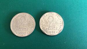 フランス　2フラン　硬貨　計2枚　　1982年、2000年　