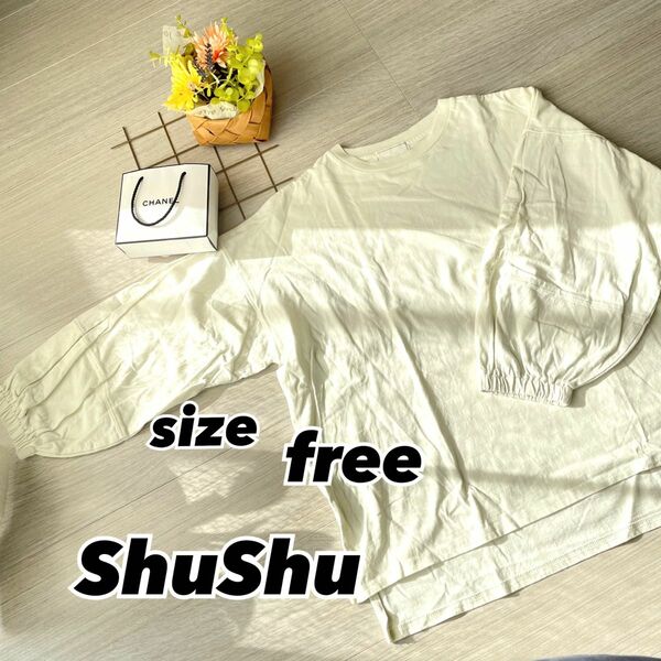 【美品】ShuShu ホワイト ベージュ トップス カットソー 長袖 フリー Tシャツ ホワイト シャツ 無地 ロンT