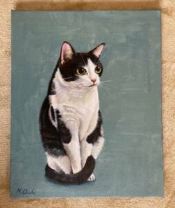 【真作】猫の日　白黒はちわれ猫の絵 手描き アクリル画 ネコ 原画 インテリア 476