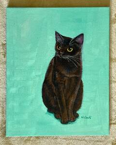 【真作】黒猫の絵 手描き アクリル画 ネコ 原画 インテリア 490