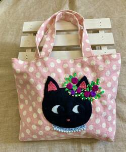 ハンドメイド ミニバッグ☆黒猫☆刺繍 ねこ ネコ トートバッグ