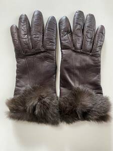 [ beautiful goods ] Italy made fur attaching leather glove Brown leather gloves size 6 half 