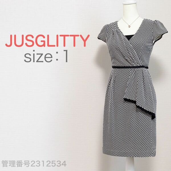 【送料無料】JUSGLITTY(ジャスグリッティー)フレンチスリーブ　ドット柄カシュクールワンピース　ひざ丈　M