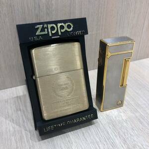 （S7212-1他）ZIPPO ジッポー SOLID BRASS 50th dunhill ダンヒル ガスライター ゴールドカラー 喫煙具 2点まとめ 着火未確認