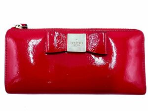 kate spade ケイトスペード パテントレザー リボン ラウンドジップ 長 財布 赤 ■■ ☆ eba6 レディース