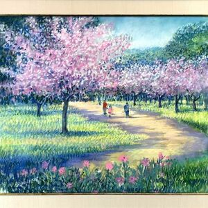 真作■パステル■アラン・ボノール Alain Bonnaure■『バガテル公園の桜の木』■桜名品■フランス人気作家■印象派継承画家1ｄ