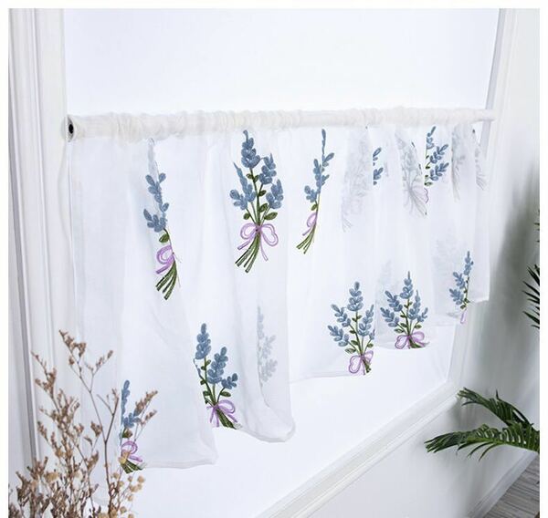 カフェカーテン 刺繍 ラベンダー ブルー系 かわいい 花柄 葉っぱ　幅100センチ＊丈50センチ　一枚