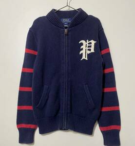 ● Polo RALPH LAUREN フルジップ コットンジャケット セーター ネイビー 紺 袖ボーダー S 8 140 ワッペン ジップ カーディガン ニット風