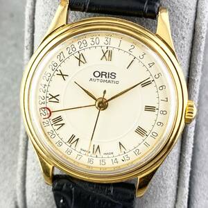 【1円〜】ORIS オリス 腕時計 メンズ AT 自動巻 ポインターデイト 7403 ホワイト文字盤 ゴールド ラウンドフェイス 裏スケ 可動品