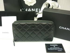 美品 レア CHANEL シャネル キャビアスキン ラウンド ジップ ウォレット ブラック 黒 ココ 長財布 a