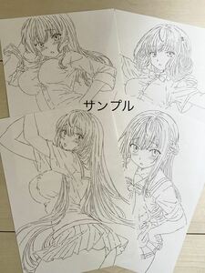 同人　手描きイラスト　A4 オリジナル 女子高生　制服①　ラフイラスト4枚セット　ラフ画　モノクロ　鉛筆画　少女