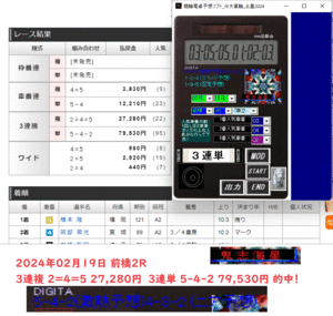 『競輪電卓予想ソフト_卍大車輪_土星2024』2024年02月19日 高松2Ｒ 3連複 1=2=7 4,810円　3連単 1-7-2 31,450円 的中！