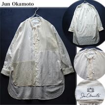 JunOkamoto ジュンオカモト 湖の反射する光みたいなロングシャツ ボウタイシャツ コットンリネン チュニック丈 バンドカラー ユニセックス_画像1