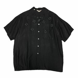 60s Glen aire S/S ループカラーシャツ 黒 パッチワーク モノグラム レーヨン オープンカラー 50s XL 希少 激レア 開襟