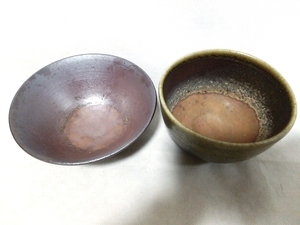 ★【一美堂】★茶道具★備前焼★『抹茶碗と平茶碗２点セット』★在銘(三ツ丸)★