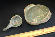 中國文物　古陶磁器　漢代　緑釉耳盃+レンゲ　銀化物　ＹО_画像6
