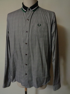 FRED PERRY Fred Perry one Point Logo embroidery shirt L short sleeves gray check cotton rib line 