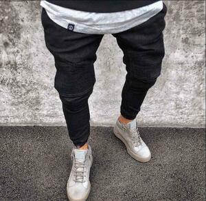 デニムパンツ 2色 メンズ ジーンズ ウォッシュ スキニー ジョガーパンツ 細身 裾リブ 欧米風 　メンズファッション　ブラック S~4XL