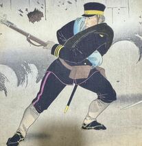 明治期/真作 楊洲周延「金州城先登」本物浮世絵木版画 日清戦争 武者絵 戦争絵 錦絵 大判 三枚続き_画像9