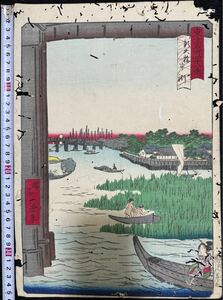 明治期/真作 昇斎一景 「東京名所四十八景 新大橋　中洲」本物浮世絵木版画 名所絵 錦絵 大判 裏打ち