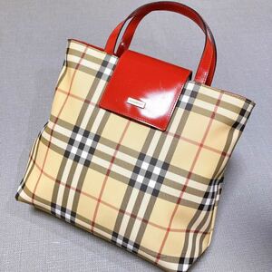 美品 BURBERRY LONDON バーバリー トートバッグ PVC ノバチェック フラップ 赤系 A4収納 1円