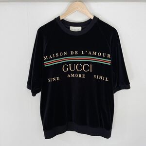 極美品 GUCCI グッチ 20ss エンブロイダリー ベロア ベルベット Tシャツ 黒 M ロゴ シェリーライン メンズ JPタグ 国内正規品 1円