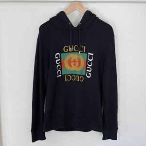 極美品 GUCCI グッチ パーカー プルオーバー ヴィンテージロゴ ダメージ加工 黒 M オールドロゴ ミケーレ 454585 JPタグ 国内正規品 1円