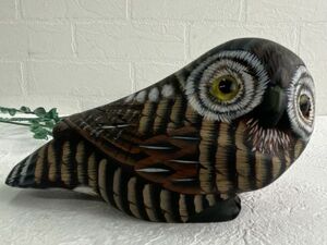 ビンテージ ウッドカービング フクロウ Wood Carving Owl ペインティング＆ガラスの義眼 幸福を呼ぶ鳥ふくろう 置物 インテリア 保管品