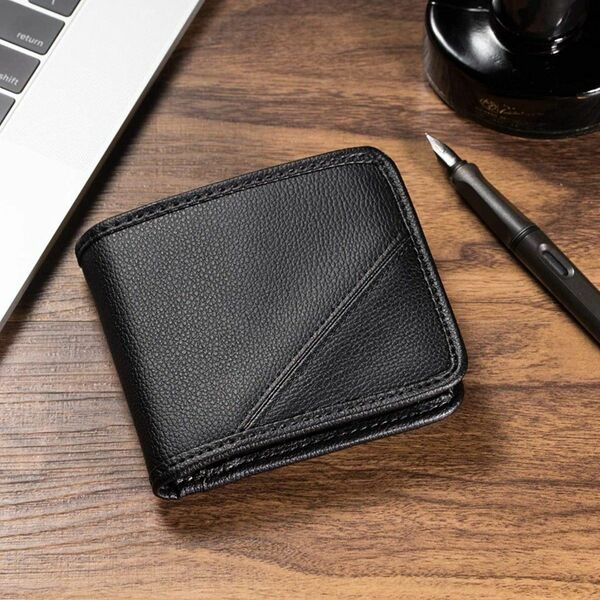 二つ折り財布二つ折り財布メンズ財布　ブラック　黒い　合皮　二つ折り財布