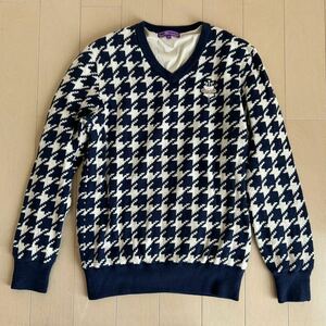 【美品】ビームスゴルフ／BEAMS GOLF PURPLE LABEL／ハウンドトゥース Vネックセーター／防風裏地付き／ネイビー／M