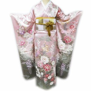 振袖 着物 中古 正絹 花の図 牡丹 梅 椿 菊 藤 一斤染色 青白橡色 多色 金 身丈165.5cm 裄68.5cm L トール きもの北條 A976-8