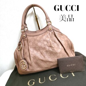 美品 GUCCI 高級 シマレザー GG ハンドバッグ ピンク レザー グッチ グッチシマ シマ チャーム