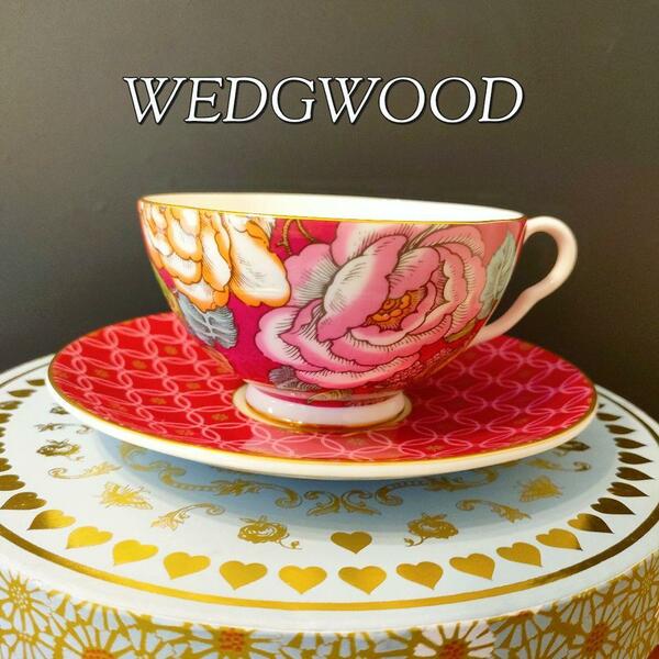 未使用品★ウェッジウッド WEDGWOOD ティーガーデン ラズベリー カップ&ソーサー 化粧箱 金彩エッジ ゴールド バラ ローズ 小花 フラワー