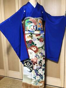 ＊帯付 刺繍多い大正ロマン5ツ紋付正絹縮緬色留袖＆鳳凰丸帯礼装アンティーク小振袖 