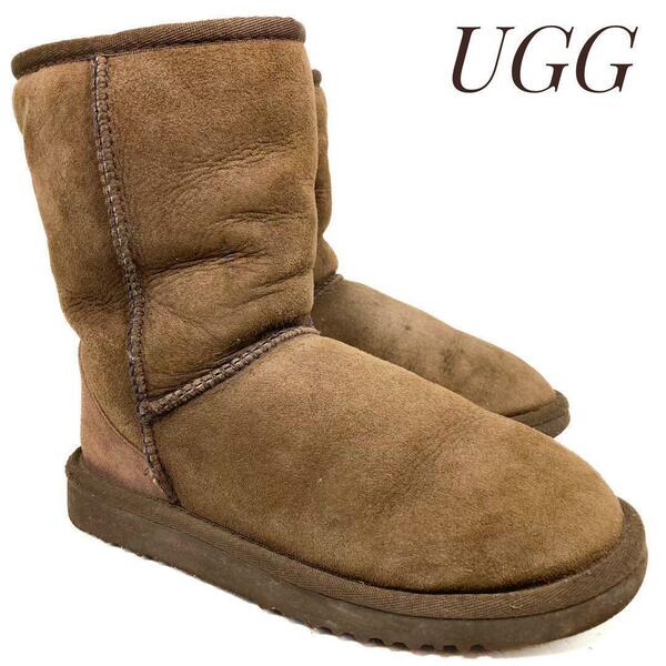 ☆即決・送料無料☆UGG アグ Classic Short クラシックショート 5825 茶 ブラウン 22cm シープスキン カジュアル 本革 本皮 レディース