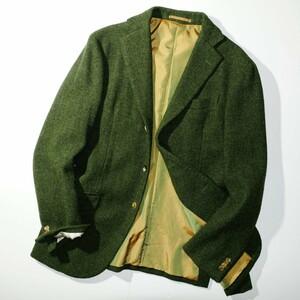 ◎極美品 HARRIS TWEED ツイードジャケット グリーン 緑 hyperion ☆裏地煌びやかな玉虫色 段返り3つボタン ハリスツイード Lサイズ