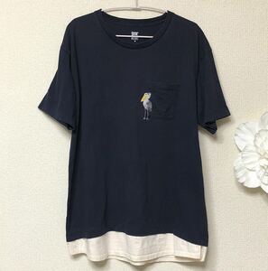 グラニフハシビロコウ刺繍デザインTシャツM紺×キナリusedレディースL