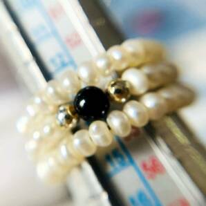 美品 天然オニキス 淡水パール 真珠 ハンドメイド 手作り 指輪リング フリーサイズ No.5543の画像2
