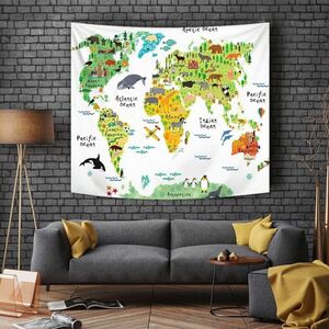 世界地図 タペストリー 可愛い動物 子供部屋 リビング　お勉強　インテリア 布製 150×130