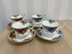 長「14938」ROYAL ALBERT ロイヤルアルバート　ティーカップ＆ソーサー 4客　ROSE　バラ柄　ピンク系×2　ブルー系×2　　